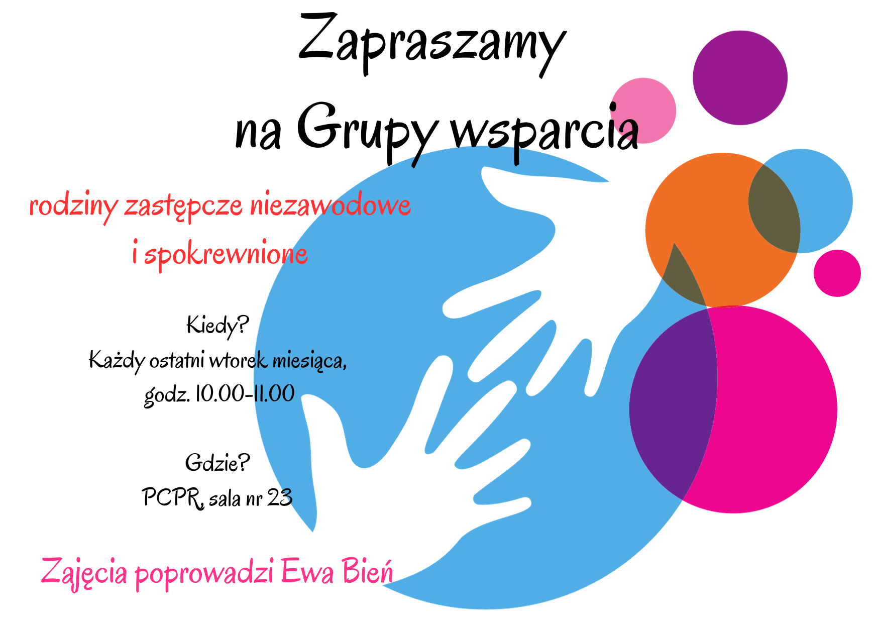 Grafika: na niebieskim tle dwie białe dłonie, grupa wsparcia dla rodzin zastępczych 