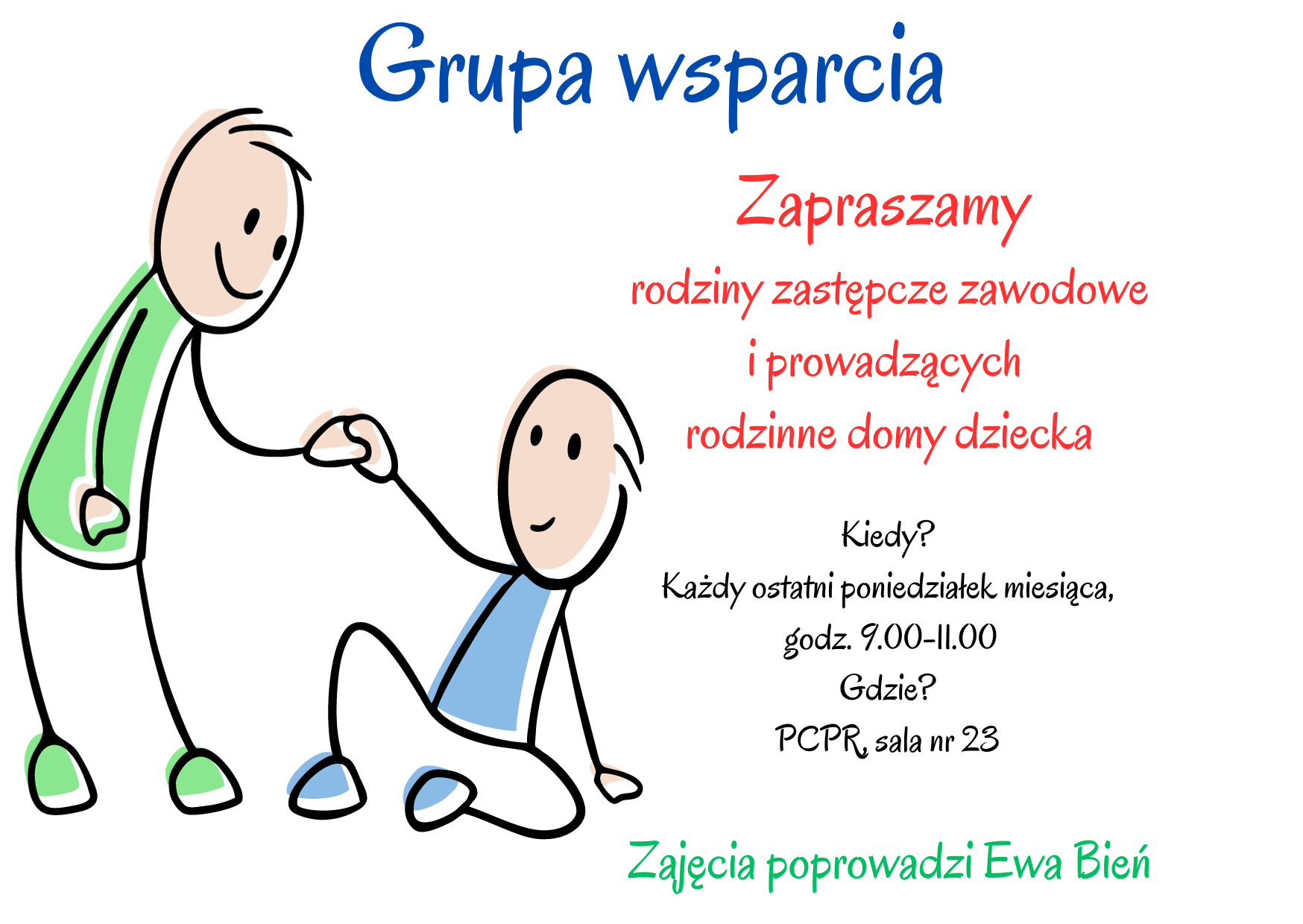 Grafika: dwie postacie, jedna siedzi, druga wyciąga rękę i po0maga jej wstać, grupa wsparcia dla rodzin zastępczych zawodowych i porwadzących rodzinne domy dziecka