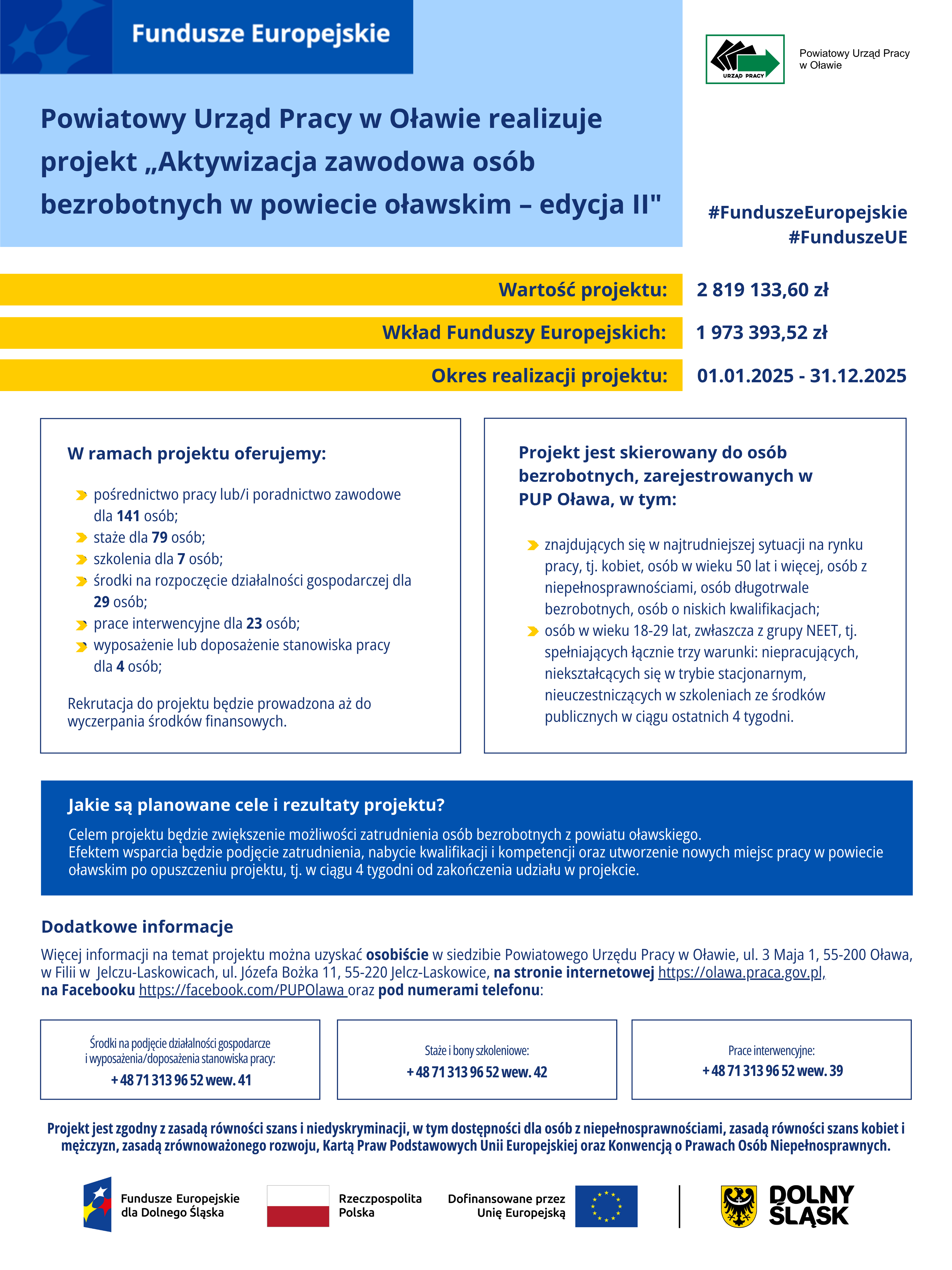 Grafika: informacja o projekcie unijnym dla aktywizacji zawodowej, więcej informacji tel. 71 313 96 52