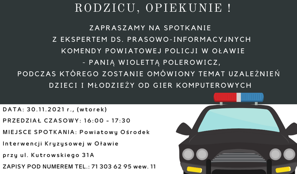 Grafika: Plakat zapraszający do udziału w spotkaniu z policją