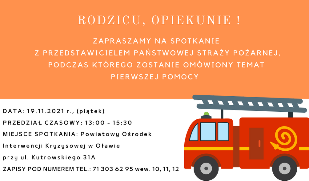Grafika: Plakat zapraszający do udziału w spotkaniu ze Strażą Pożarną